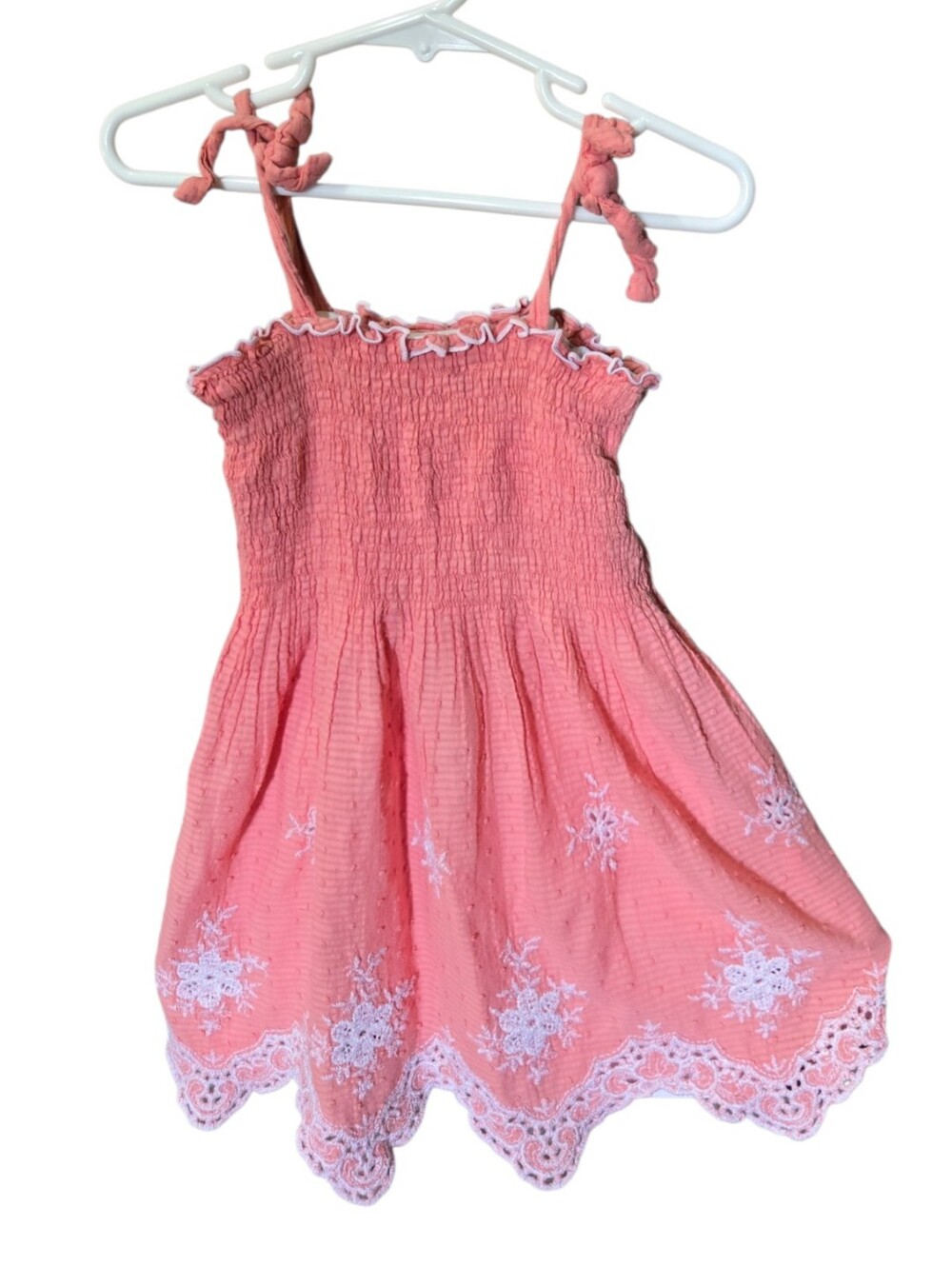 Youngland Girls Size 4 Pink Smocked Swiss Dot Dress White Embroidered Eyelet
